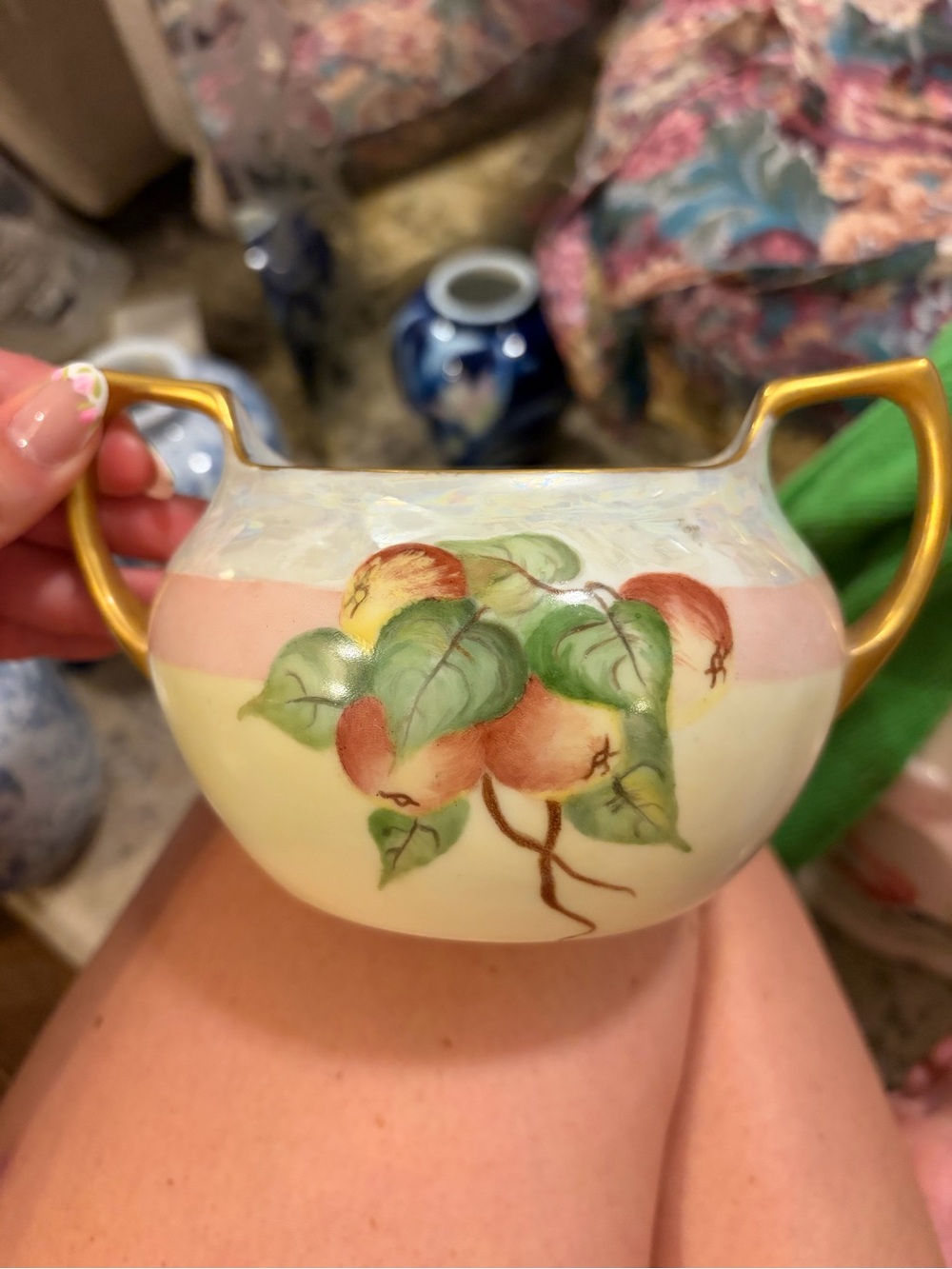 Hand-Painted Floral Fruit Porcelain Sugar Bowl with Gold Handles